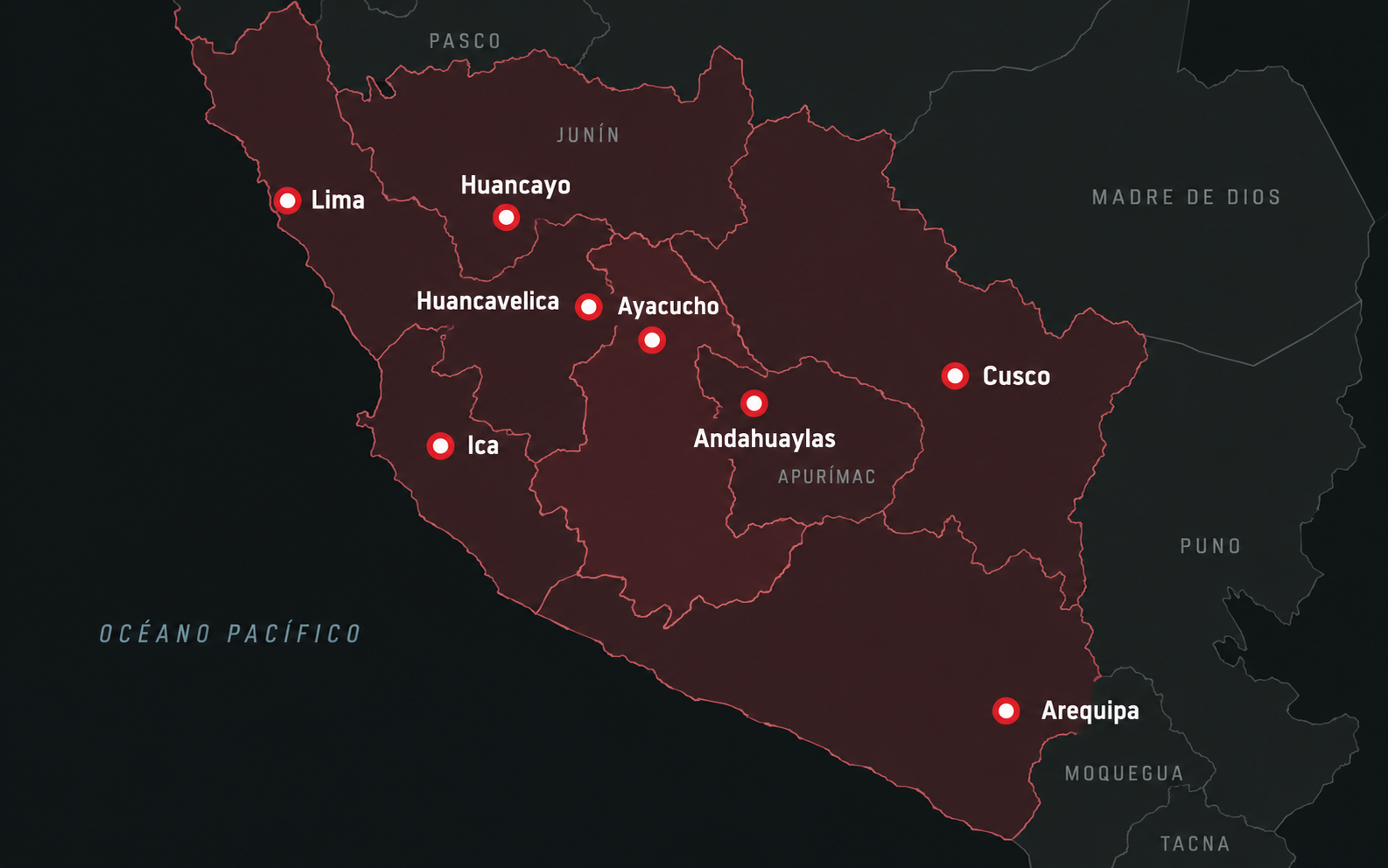 Mapa ilustrativo de cobertura en el centro y sur del Perú: Ayacucho, Lima, Ica, Arequipa, Cusco, Huancayo, Andahuaylas y Huancavelica